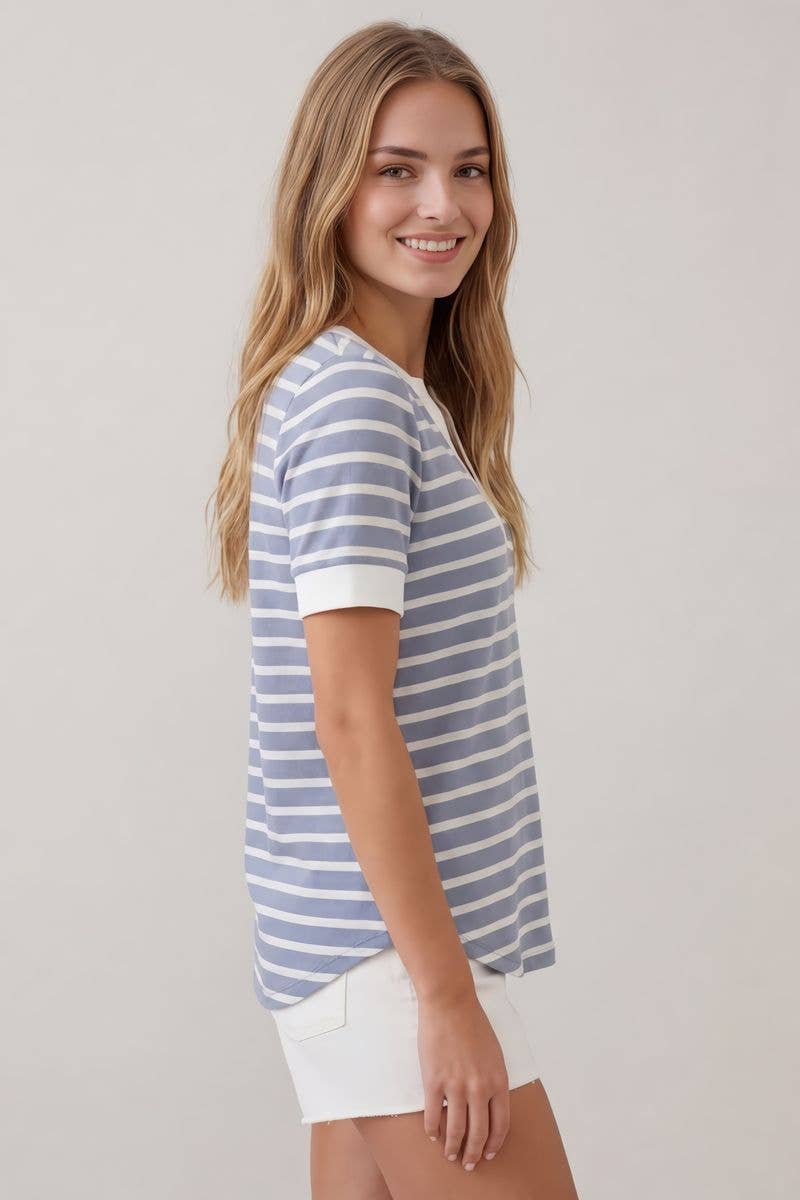 Split V-Neck Striped Short Sleeve Top