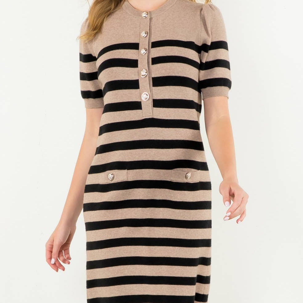 Short Sleeve Striped Taupe Dress