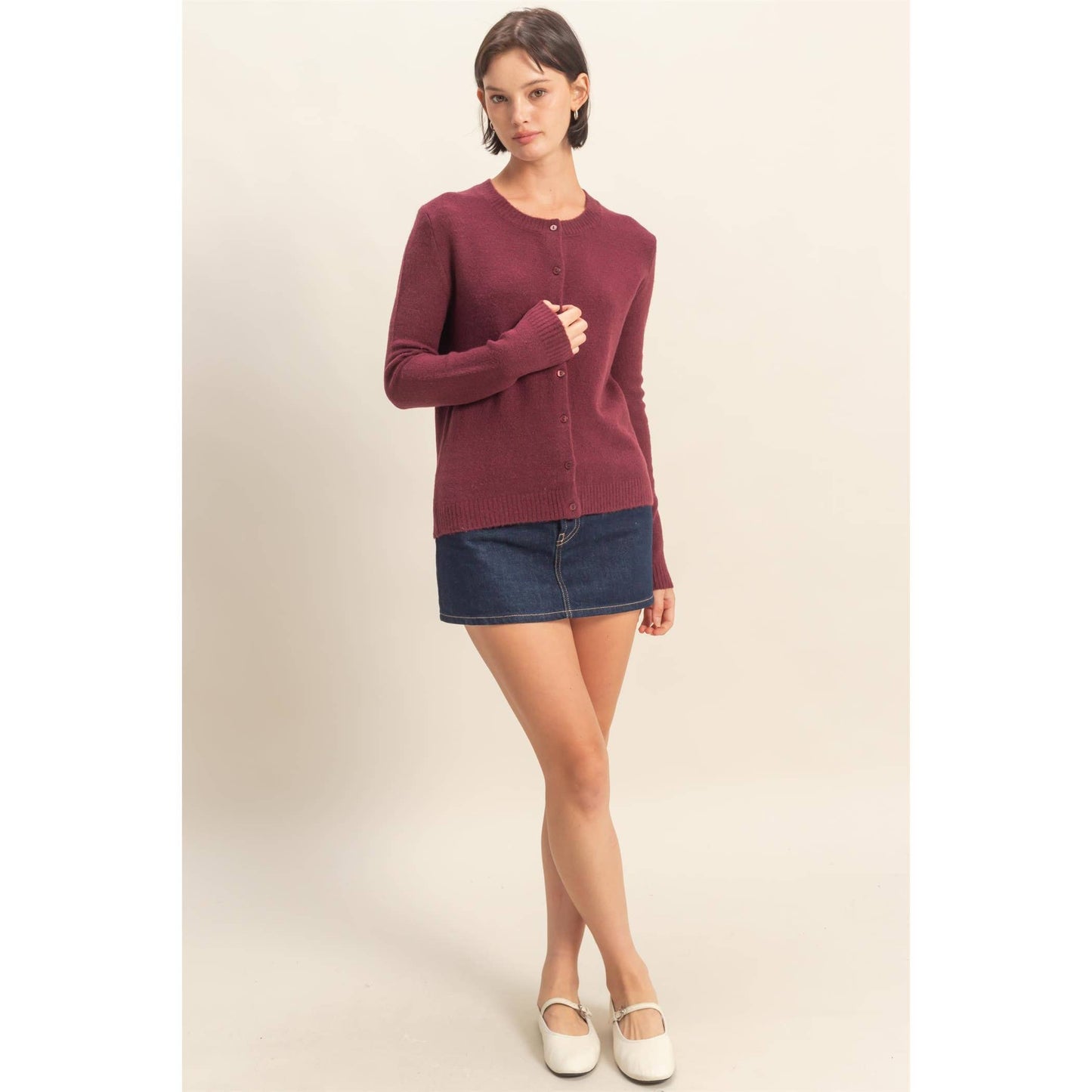 Crew Neck Long Sleeve Buttoned Cardigan: DARK CHERRY