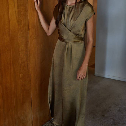 Woven Polyester Satin Cross Front Tie Strap Maxi