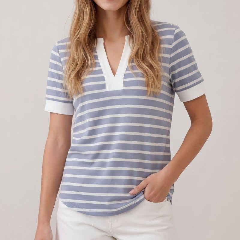 Split V-Neck Striped Short Sleeve Top