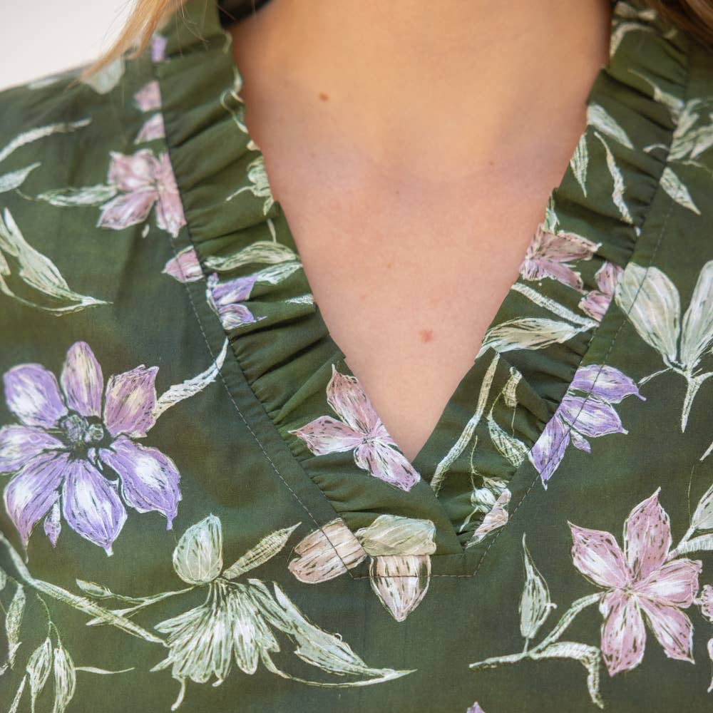 Olive Stripe Ribbed Band Floral Print and Embroidered Top