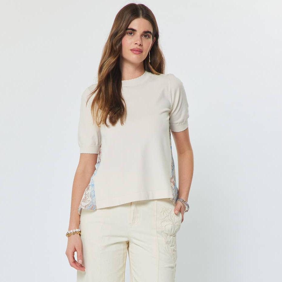 Short Sleeve Knit Top W/Floral Chiffon Back
