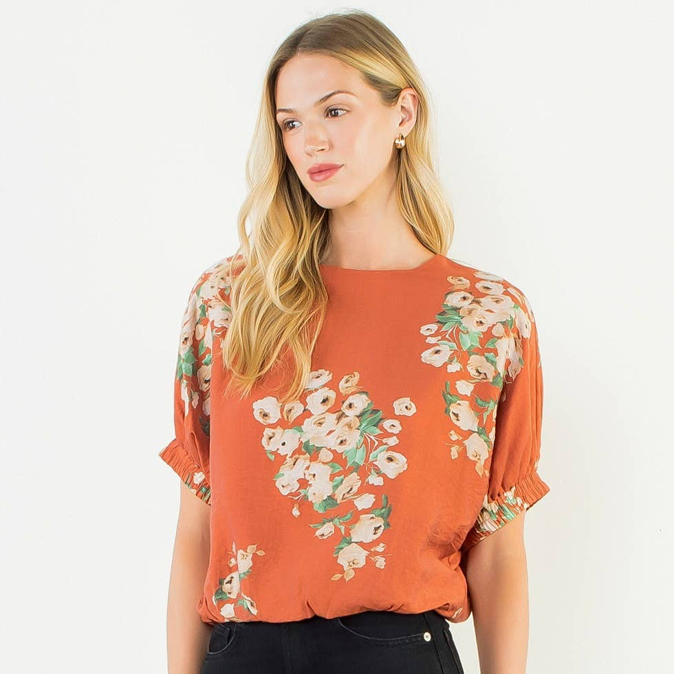 Orange Short Sleeve Loose Floral Top