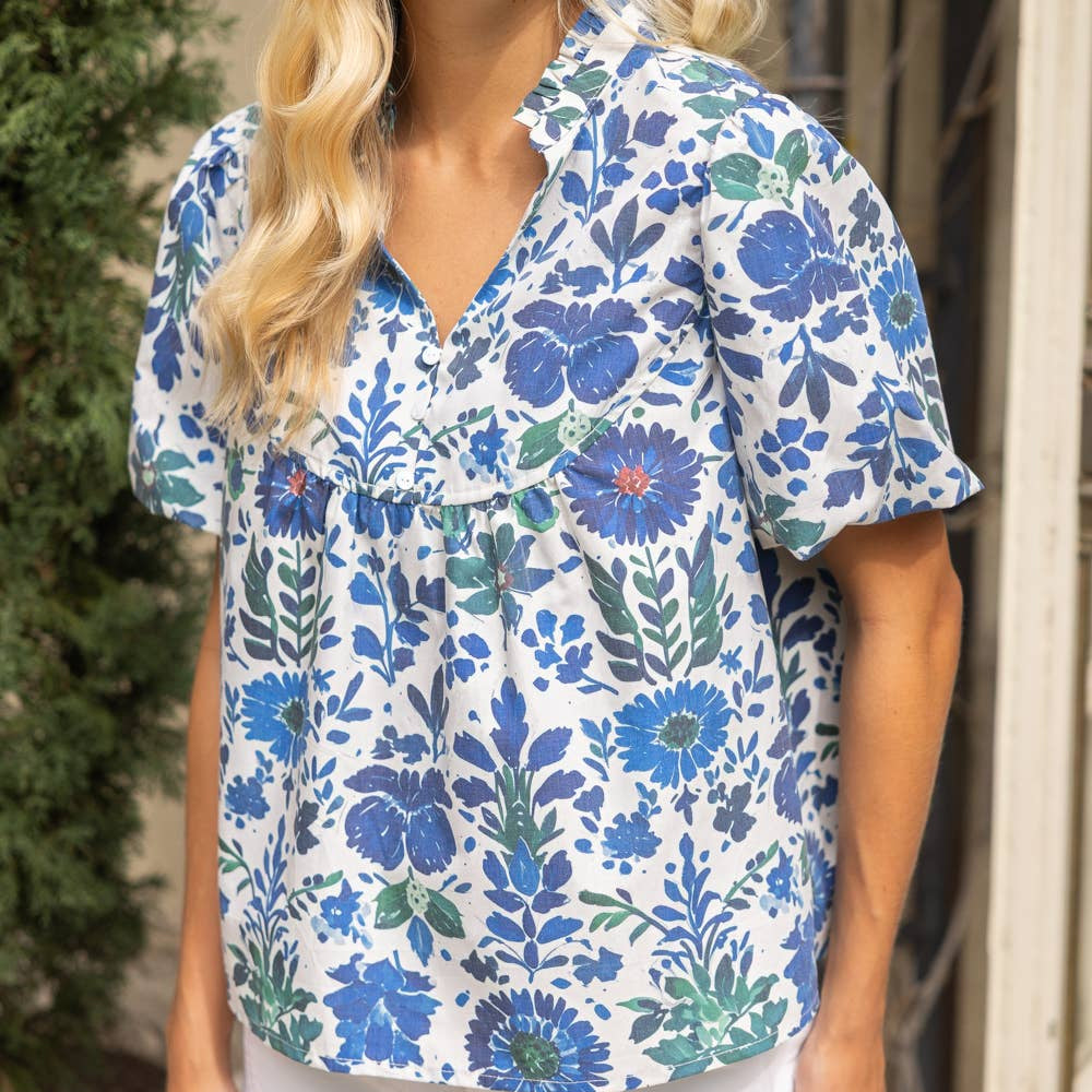 Quarter Button Round Yoke V-Neck Floral Print Top