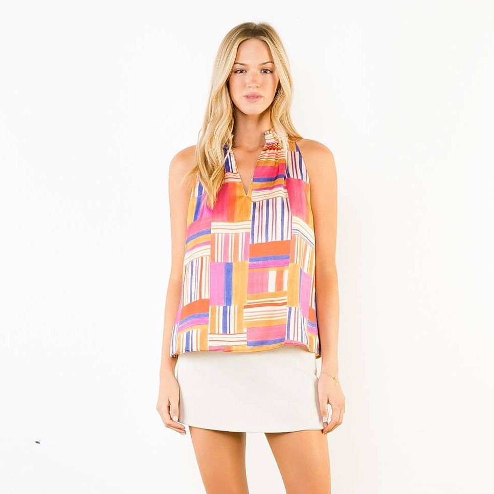 Sleeveless Ruffled Neck Pattern Top