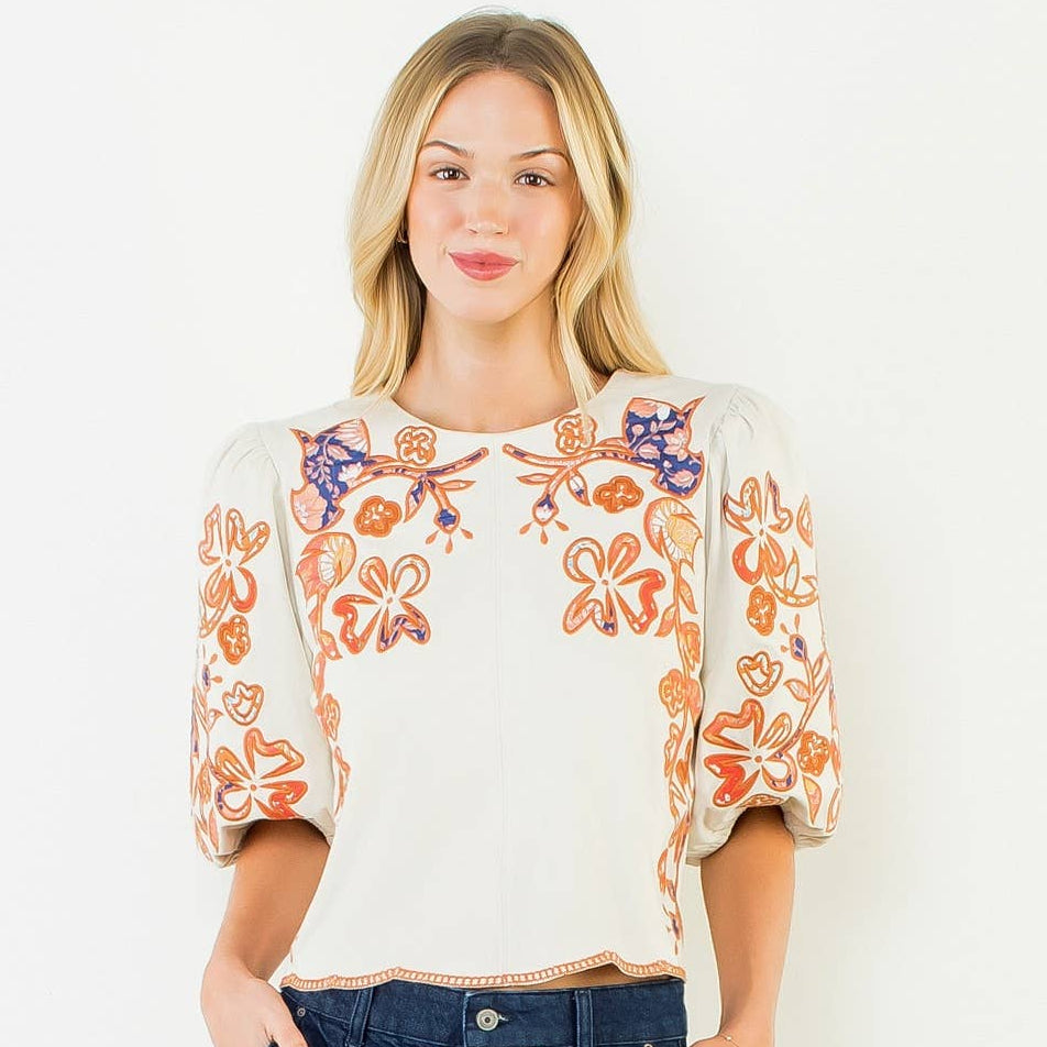 Floral Embroidered Puff Sleeve Top