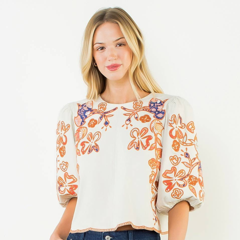 Floral Embroidered Puff Sleeve Top