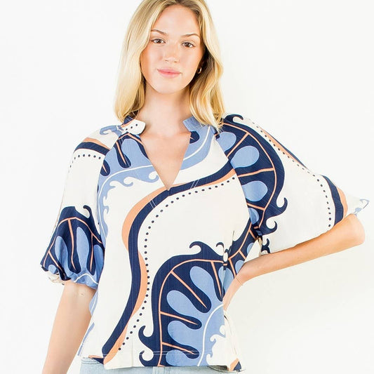 Abstract Print Top With Puff Sleeves