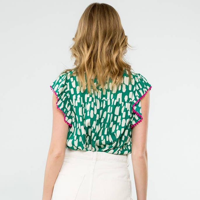 Embroidered Flutter Sleeve Print Top