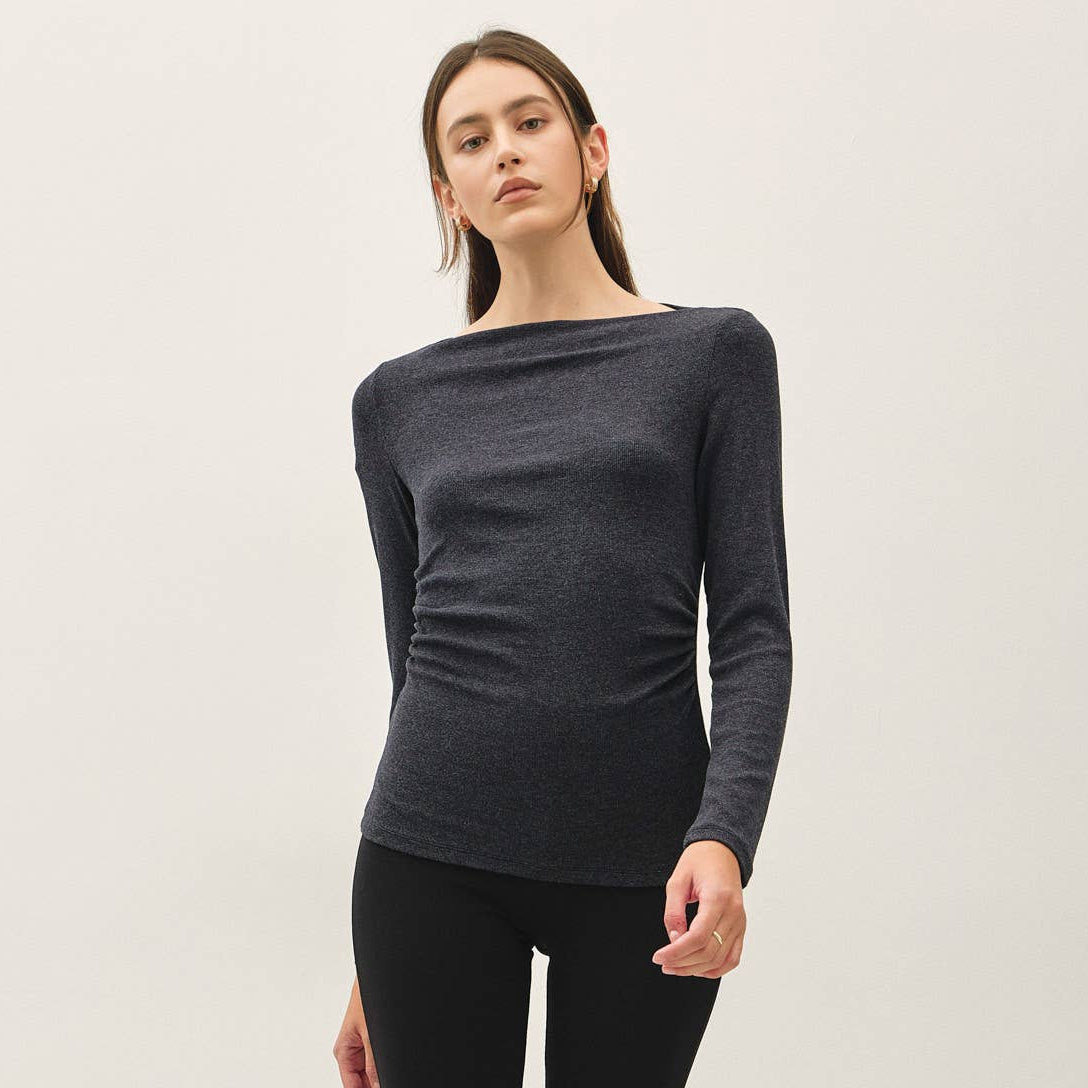 Modal Ribbed Boat Neck Shirred Waist Top