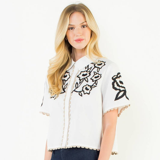 Collared Button Up Embroidery Top