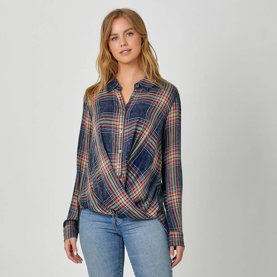 Washed Plaid Surplice Blouse