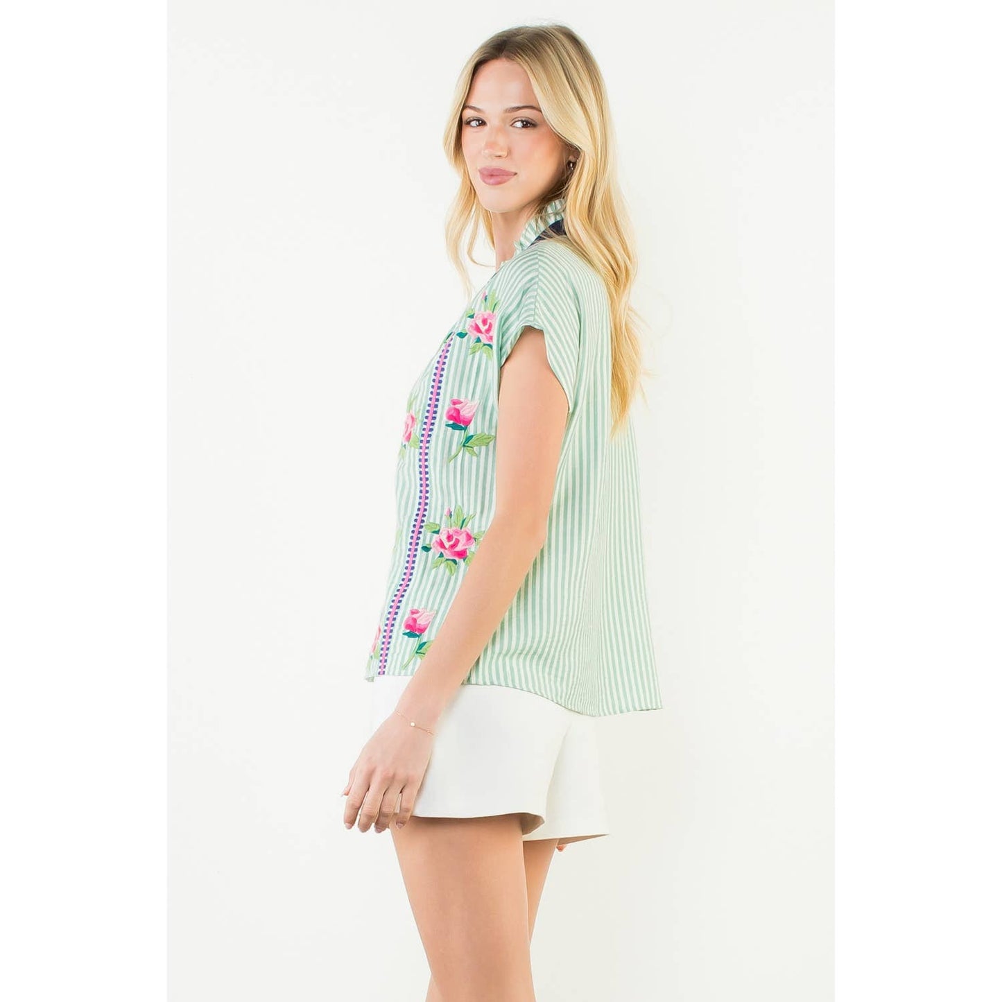Embroidered Stripe V-Neck Top