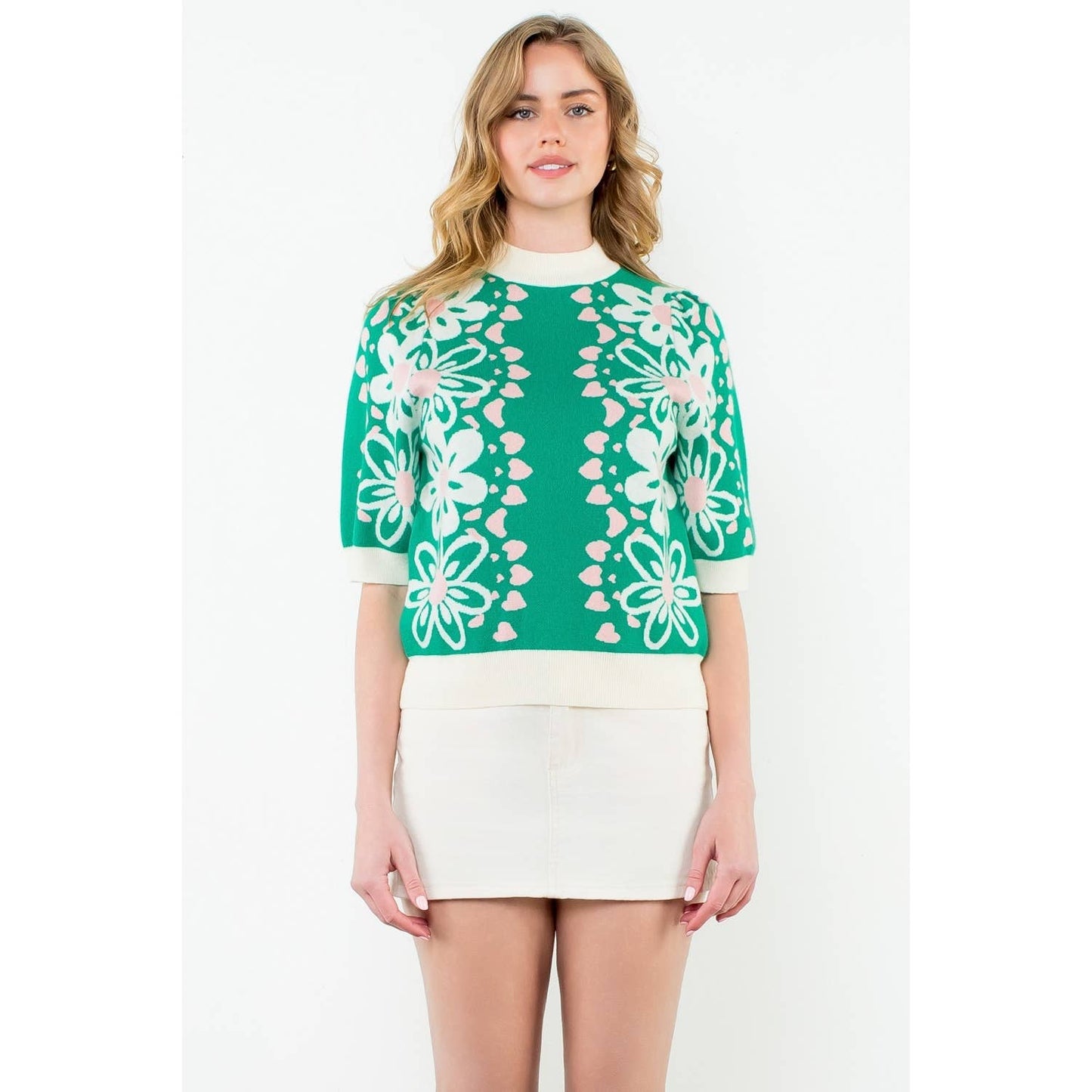 Flower Knit Sweater Top: GREEN / XS