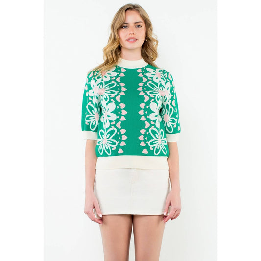 Flower Knit Sweater Top: GREEN / XS