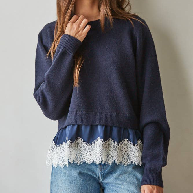 Sweater Twofer Top Satin Lace Trim Detail