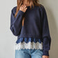 Sweater Twofer Top Satin Lace Trim Detail